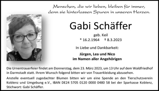 Traueranzeige von Gabi Schäffer von Darmstädter Echo