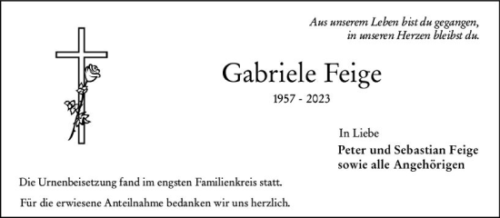 Traueranzeige von Gabriele Feige von Wiesbadener Kurier