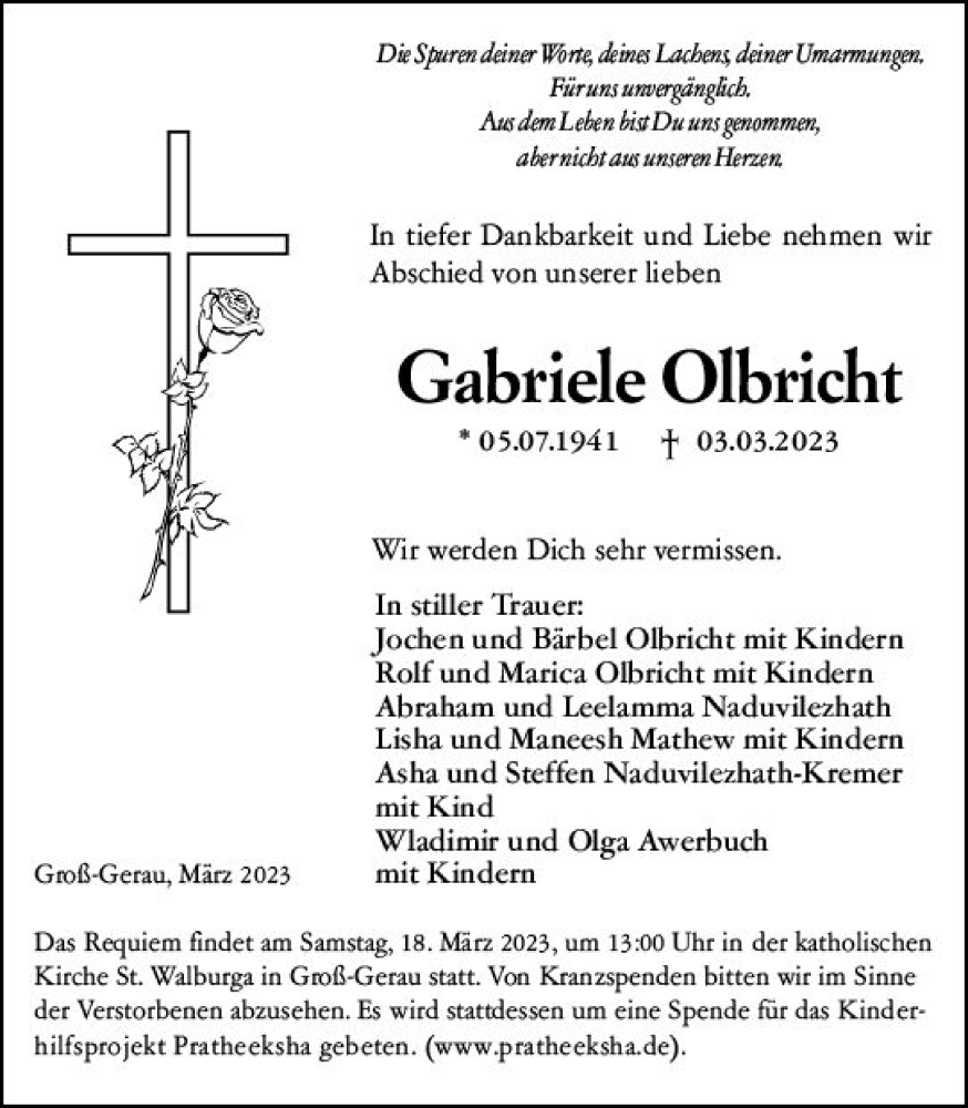  Traueranzeige für Gabriele Olbricht vom 11.03.2023 aus Südhessen Morgen
