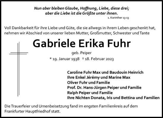 Traueranzeige von Gabriele Erika Fuhr von Allgemeine Zeitung Mainz