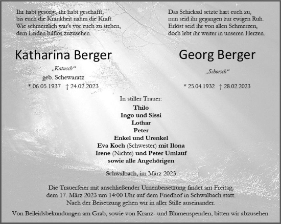 Traueranzeige von Georg Berger von Wetzlarer Neue Zeitung