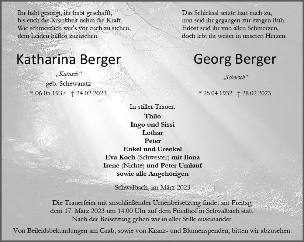  Traueranzeige für Georg Berger vom 11.03.2023 aus Wetzlarer Neue Zeitung