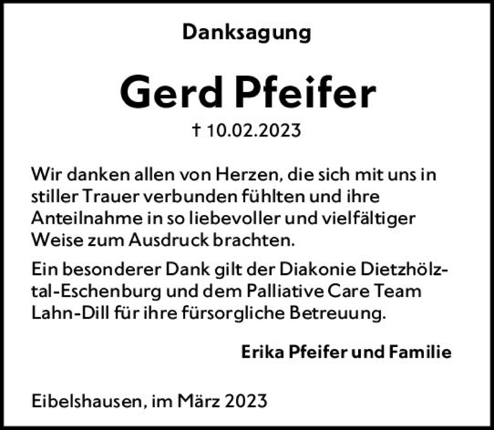  Traueranzeige für Gerd Pfeifer vom 29.03.2023 aus Dill Block