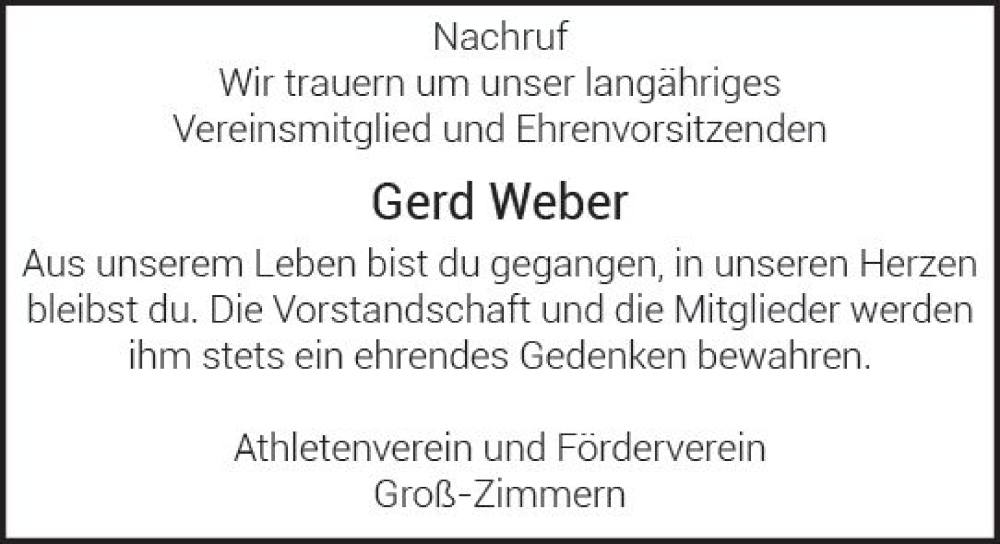  Traueranzeige für Gerd Weber vom 11.03.2023 aus Dieburger Anzeiger/Groß-Zimmerner Lokal-Anzeiger