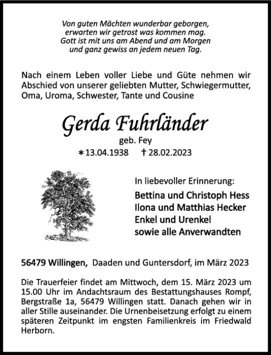 Traueranzeige von Gerda Fuhrländer von Dill Block
