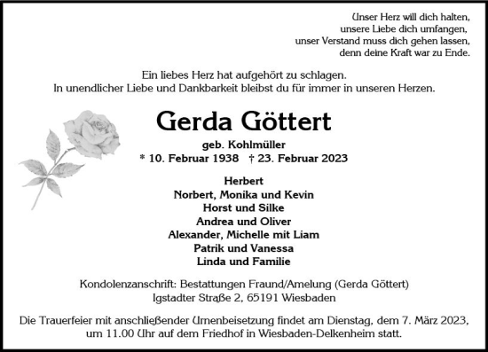 Traueranzeige von Gerda Göttert von Wiesbadener Kurier