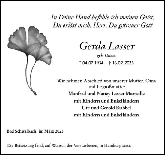 Traueranzeige von Gerda Lasser von Wiesbadener Kurier
