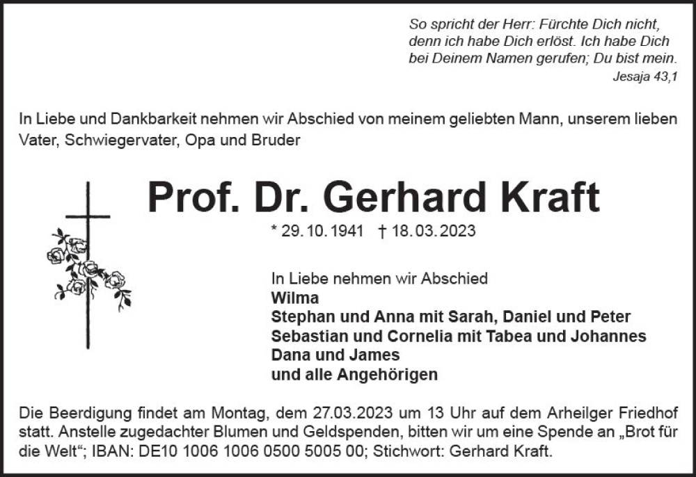  Traueranzeige für Gerhard Kraft vom 25.03.2023 aus Darmstädter Echo