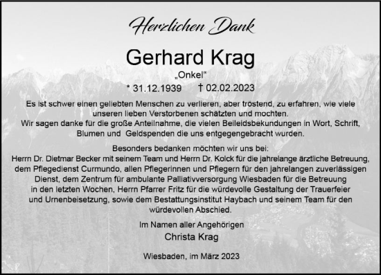 Traueranzeige von Gerhard Krag von Wiesbadener Kurier