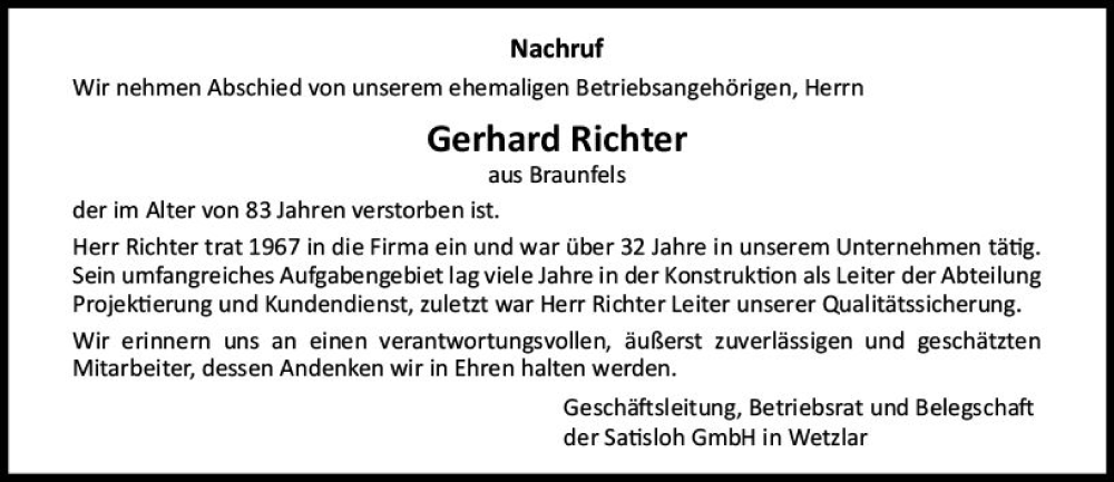  Traueranzeige für Gerhard Richter vom 01.04.2023 aus Wetzlarer Neue Zeitung