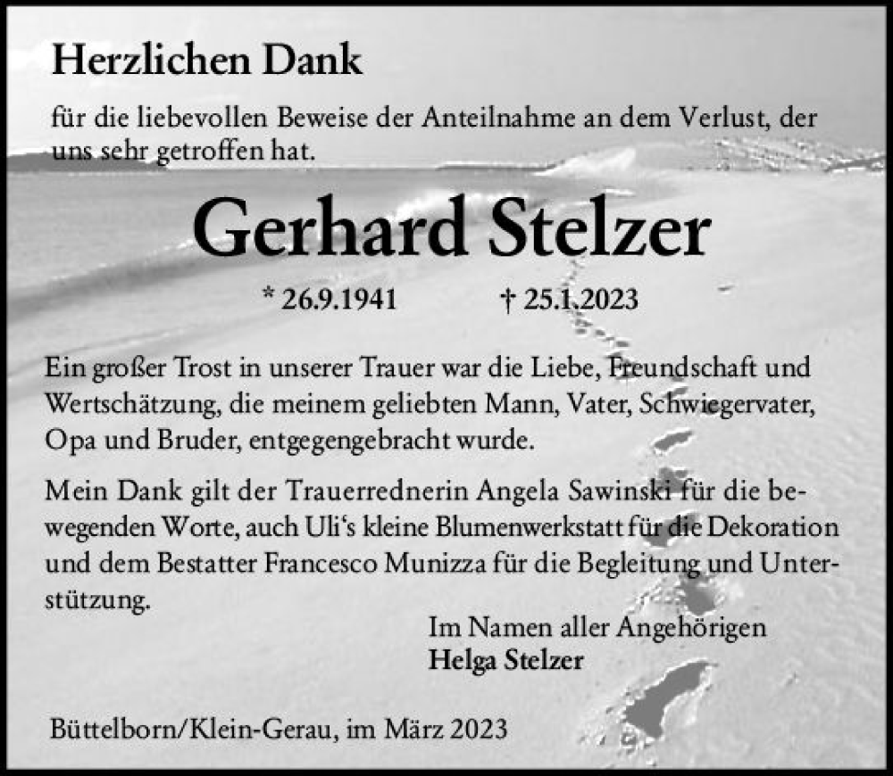  Traueranzeige für Gerhard Stelzer vom 25.03.2023 aus Groß-Gerauer Echo