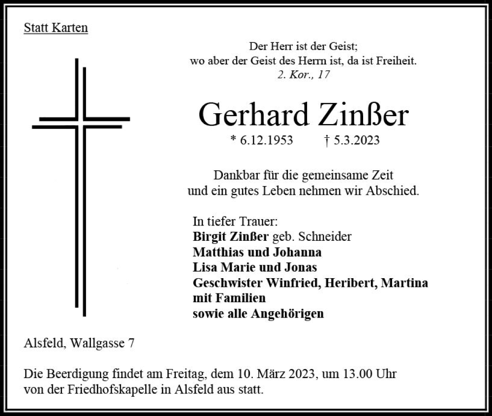  Traueranzeige für Gerhard Zinßer vom 08.03.2023 aus VRM Trauer