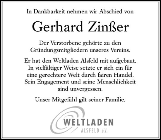 Traueranzeige von Gerhard Zinßer von VRM Trauer