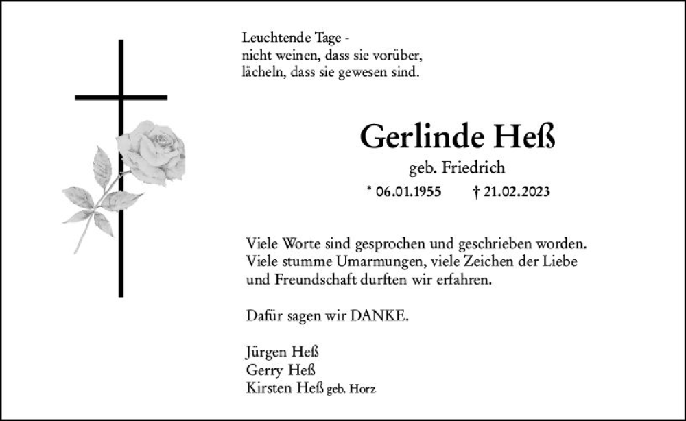  Traueranzeige für Gerlinde Heß vom 30.03.2023 aus Weilburger Tageblatt
