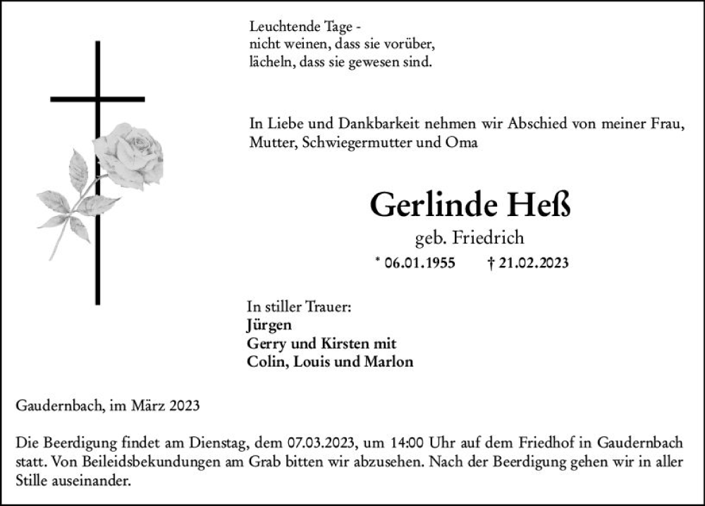  Traueranzeige für Gerlinde Heß vom 03.03.2023 aus Weilburger Tageblatt