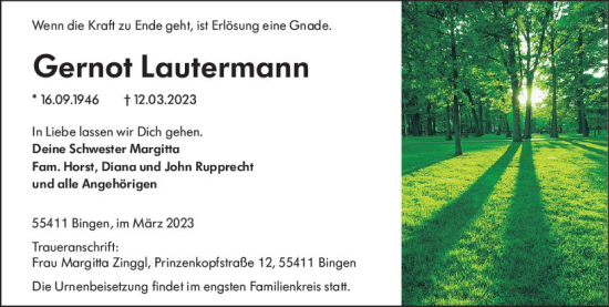 Traueranzeige von Gernot Lautermann von Allgemeine Zeitung Bingen/Ingelheim