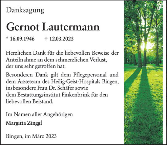 Traueranzeige von Gernot Lautermann von Allgemeine Zeitung Bingen/Ingelheim