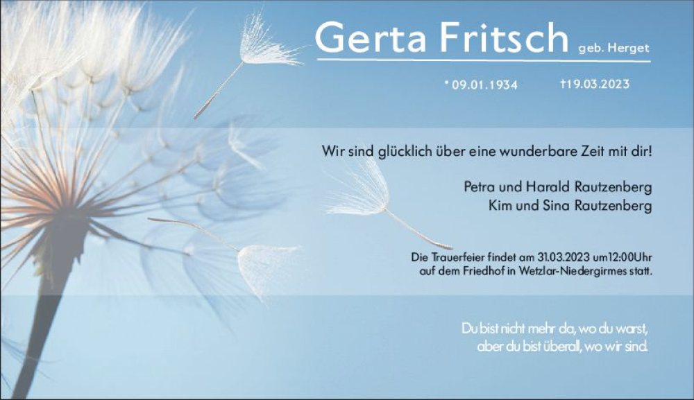  Traueranzeige für Gerta Fritsch vom 27.03.2023 aus Wetzlarer Neue Zeitung