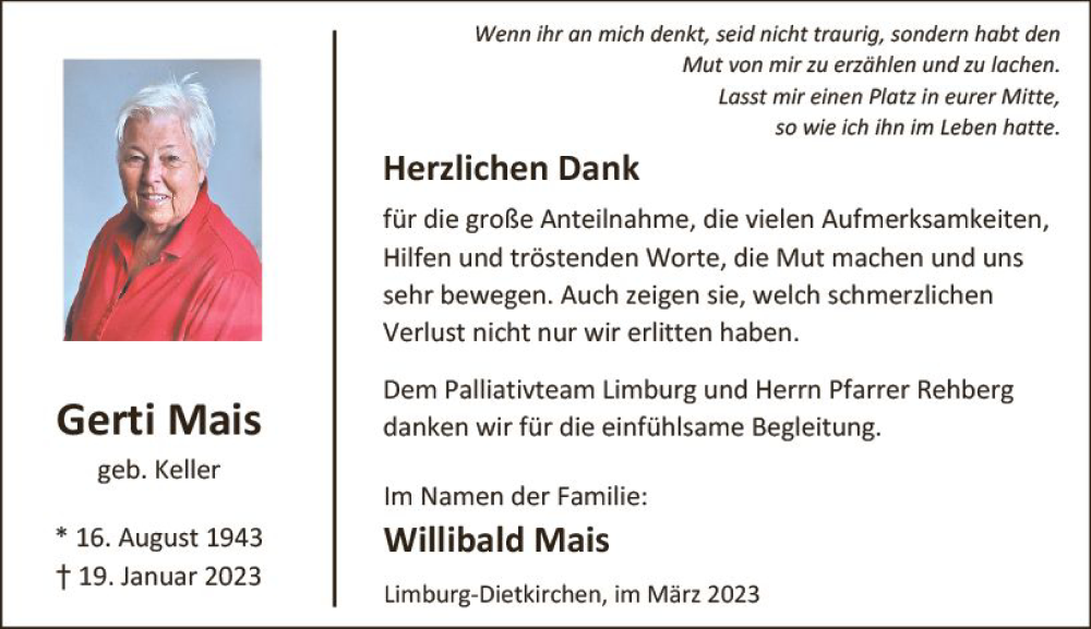  Traueranzeige für Gerti Mais vom 04.03.2023 aus Nassauische Neue Presse