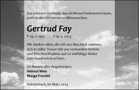 Traueranzeige von Gertrud Fay von Odenwälder Echo