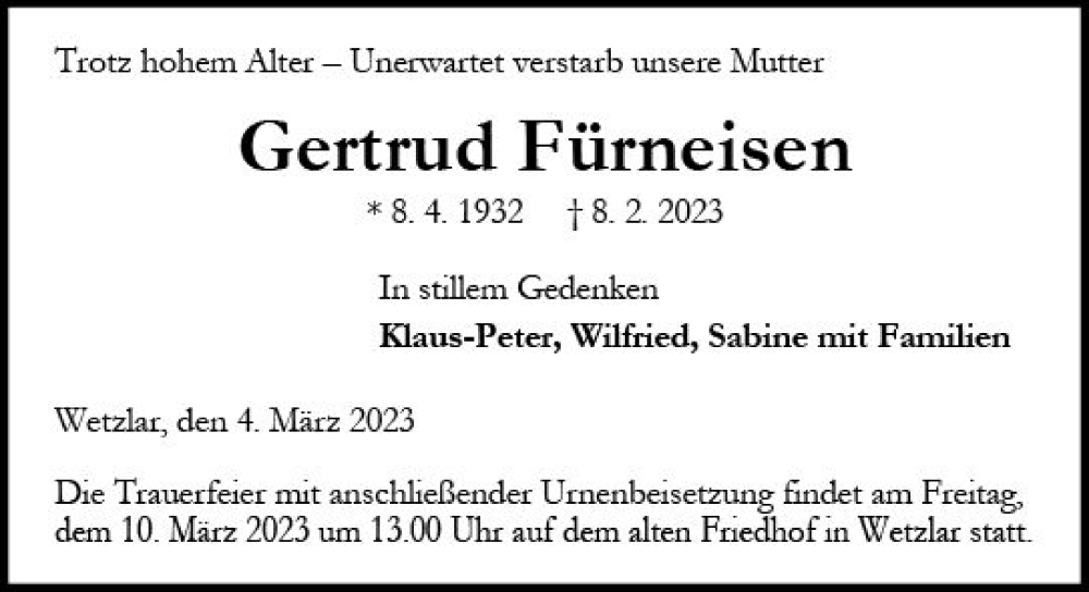  Traueranzeige für Gertrud Fürneisen vom 04.03.2023 aus Wetzlarer Neue Zeitung