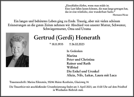 Traueranzeige von Gertrud Honerath von Wiesbadener Kurier