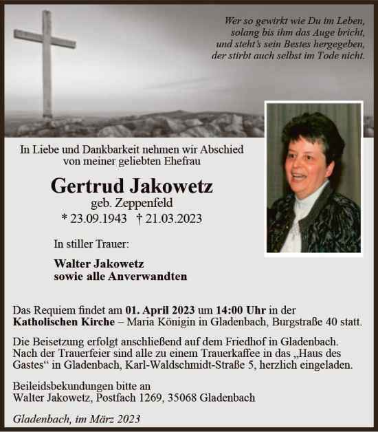 Traueranzeige von Gertrud Jakowetz von Hinterländer Anzeiger