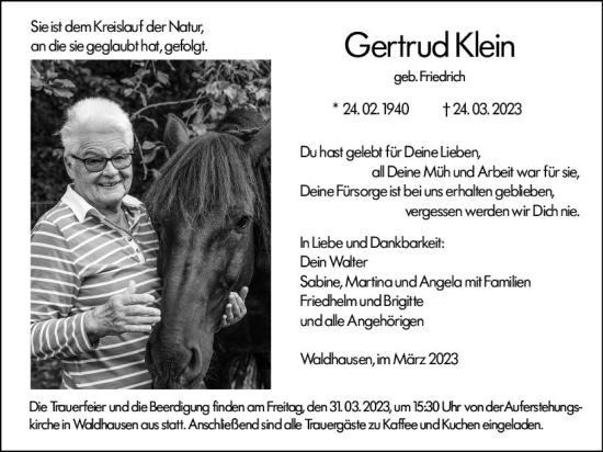 Traueranzeige von Gertrud Klein von Weilburger Tageblatt