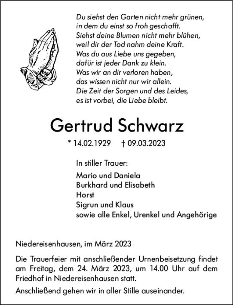  Traueranzeige für Gertrud Schwarz vom 18.03.2023 aus Hinterländer Anzeiger