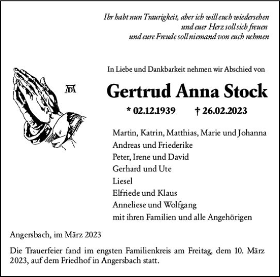 Traueranzeige von Gertrud Anna Stock von VRM Trauer