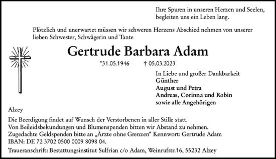 Traueranzeige von Gertrude Barbara Adam von Allgemeine Zeitung Alzey
