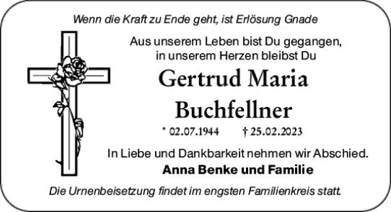 Traueranzeige von Gertrud Maria Buchfellner von Weilburger Tageblatt