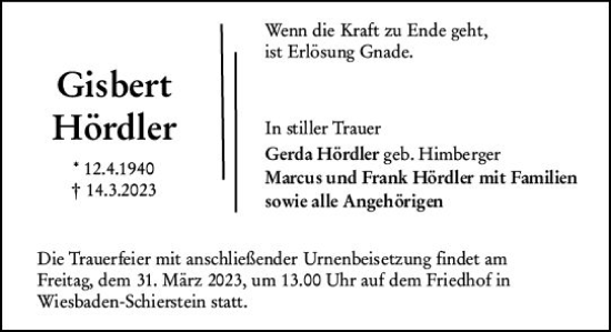 Traueranzeige von Gisbert Hördler von Wiesbadener Kurier