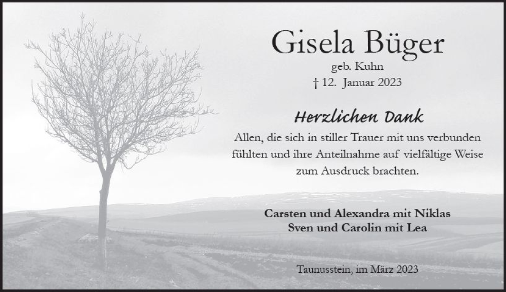  Traueranzeige für Gisela Büger vom 18.03.2023 aus Wiesbadener Kurier