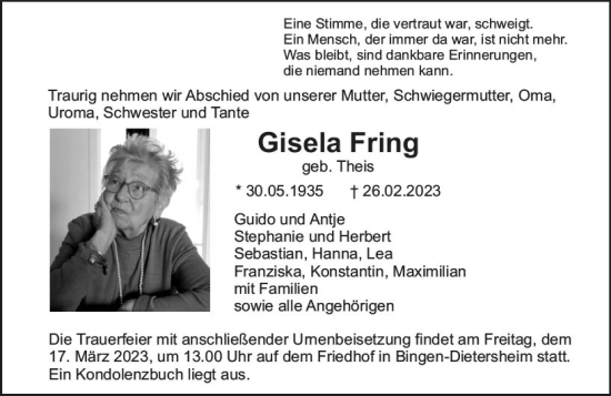 Traueranzeige von Gisela Fring von Bingen/Ingelheim WOBL inkl. Neue Binger Ztg.