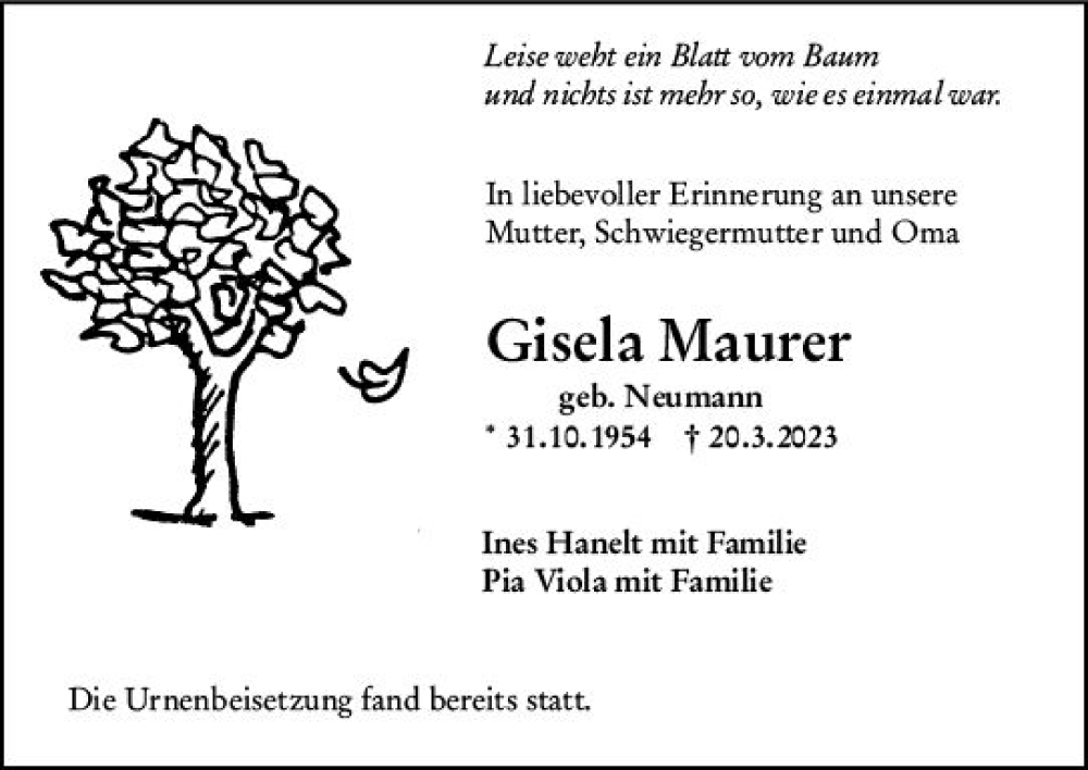  Traueranzeige für Gisela Maurer vom 31.03.2023 aus Hochheimer Zeitung