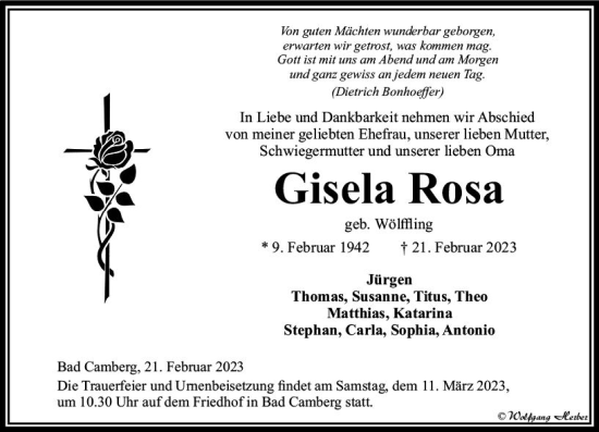 Traueranzeige von Gisela Rosa von Camberger Anzeiger