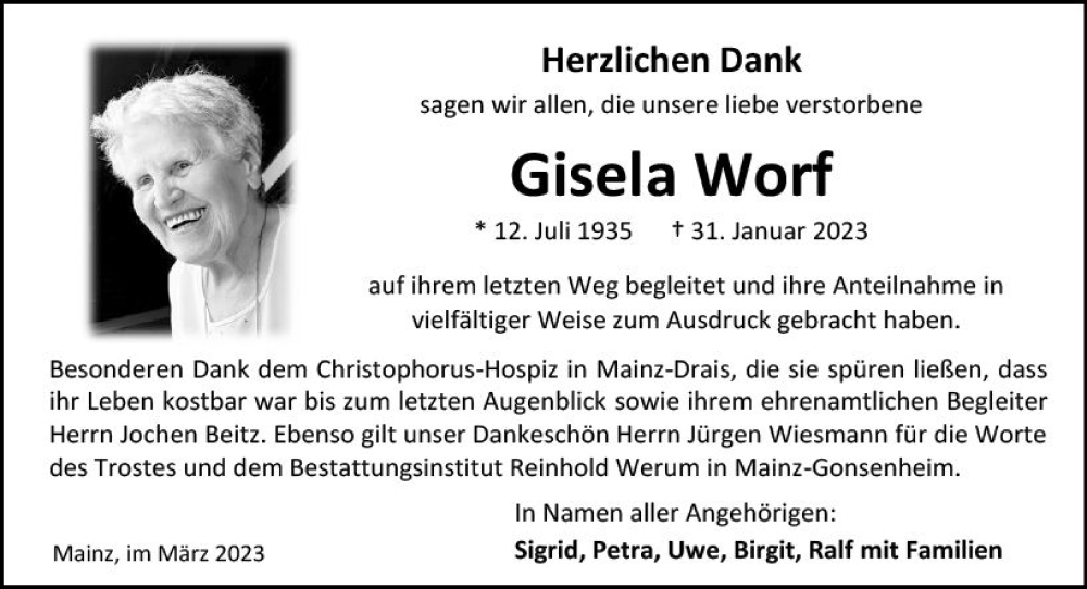  Traueranzeige für Gisela Warf vom 04.03.2023 aus Allgemeine Zeitung Mainz