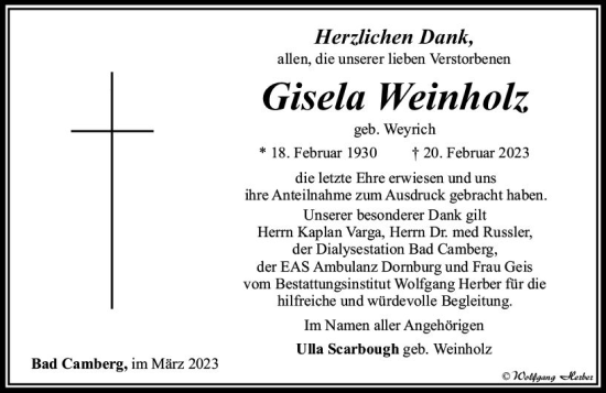 Traueranzeige von Gisela Weinholz von Camberger Anzeiger