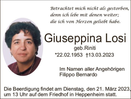 Traueranzeige von Giuseppina Losi von Starkenburger Echo