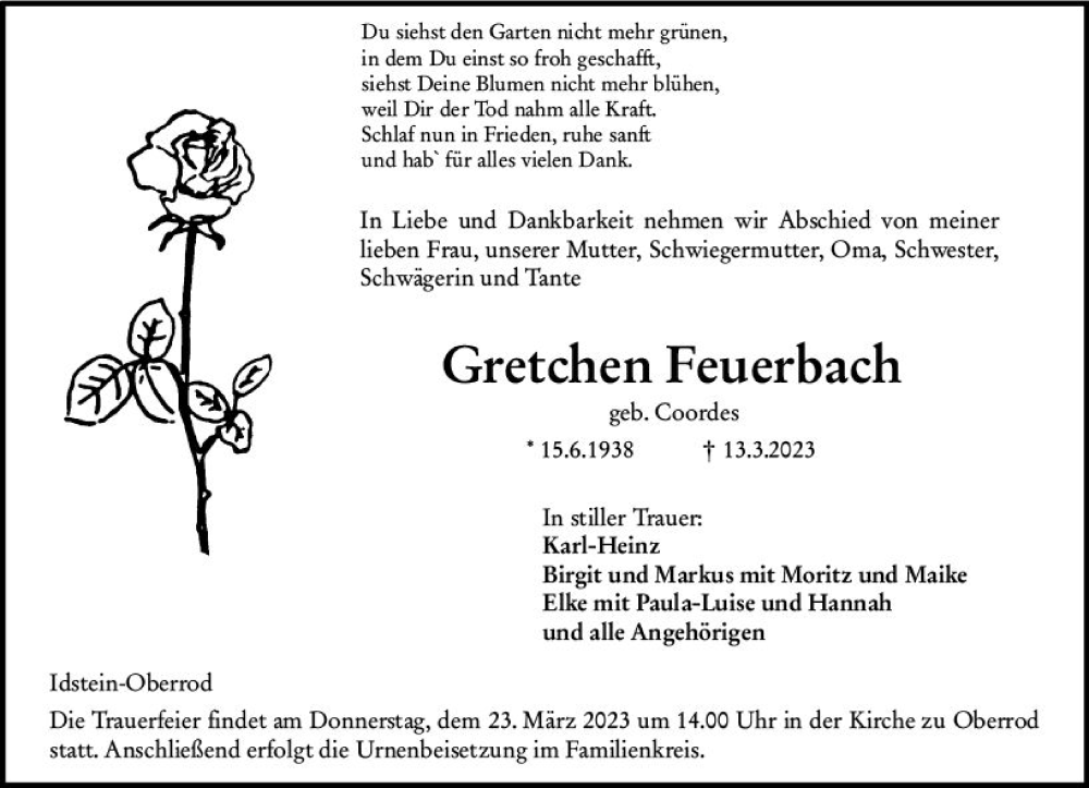  Traueranzeige für Gretchen Feuerbach vom 18.03.2023 aus Idsteiner Land/Untertaunus