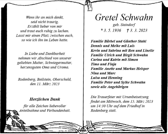 Traueranzeige von Gretel Schwahn von Dill Block