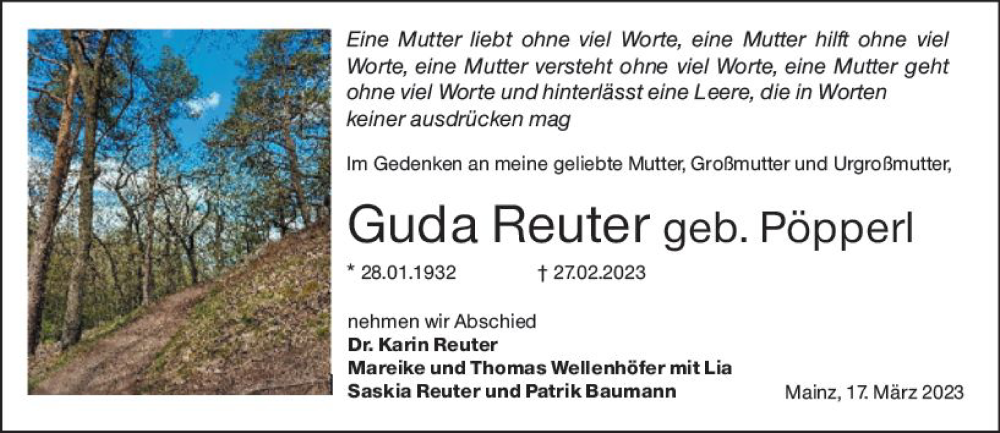  Traueranzeige für Guda Reuter vom 17.03.2023 aus VRM Trauer