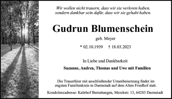 Traueranzeige von Gudrun Blumenschein von Darmstädter Echo