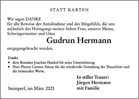 Traueranzeige von Gudrun Hermann von Hinterländer Anzeiger