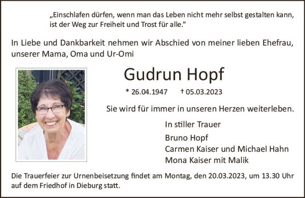  Traueranzeige für Gudrun Hopf vom 11.03.2023 aus Dieburger Anzeiger/Groß-Zimmerner Lokal-Anzeiger