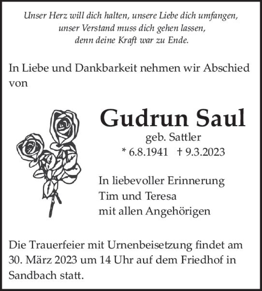  Traueranzeige für Gudrun Saul vom 18.03.2023 aus Odenwälder Echo