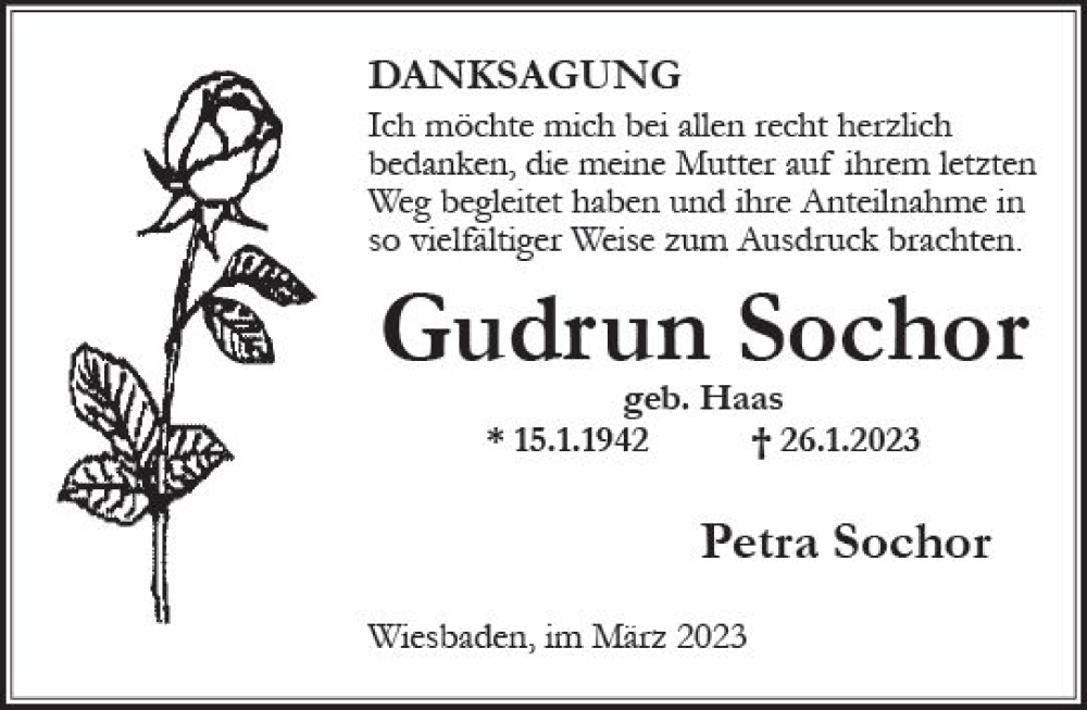  Traueranzeige für Gudrun Sochor vom 11.03.2023 aus Wiesbadener Kurier