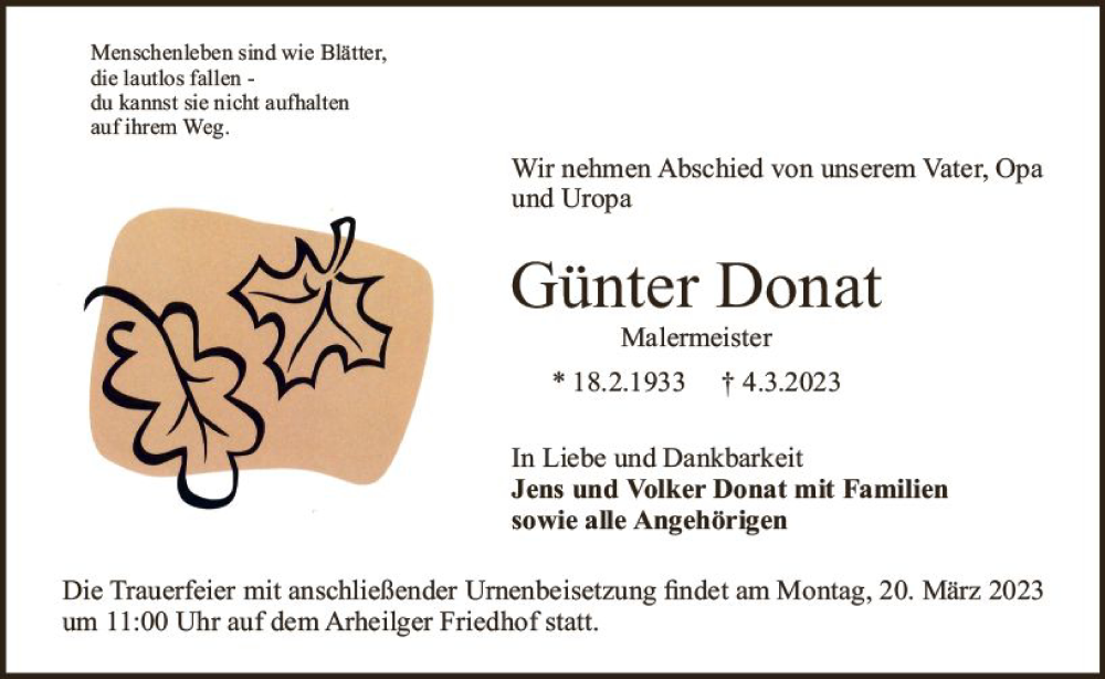  Traueranzeige für Günter Donat vom 11.03.2023 aus Darmstädter Echo