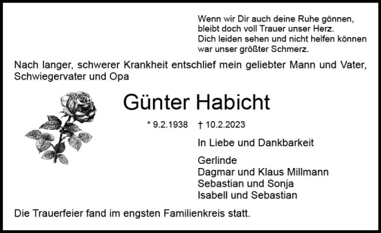 Traueranzeige von Günter Habicht von Dieburger Anzeiger/Groß-Zimmerner Lokal-Anzeiger